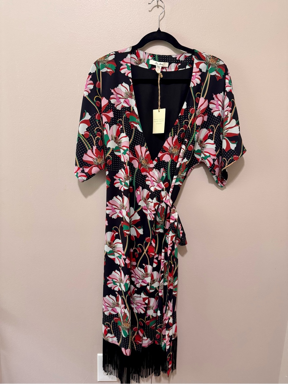 Floral Black Wrap Midi Dress with Fringe